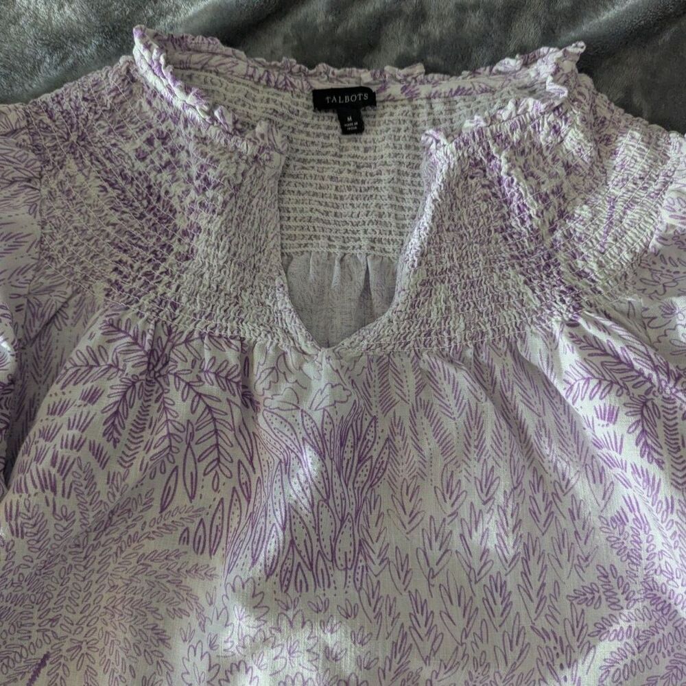 Cottagecore Talbots Linen Cotton Smocked Floral Top Purple Garden Party Blouse M - Picture 3 of 8